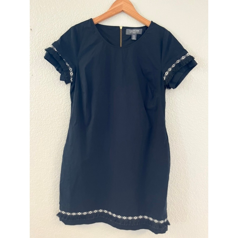 Coercion London Black Shift Dress‎ Embroidered Fringe Trim Short Sleeve Size 6